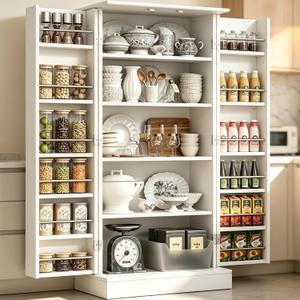 kepptory 47" Kitchen Pantry Cabinet with Doors and Adjustable Shelves, Freestanding Pantry Storage Cabinet, Farmhouse Buffet Cupboard for Kitchen, Dining Room, Living Room, White