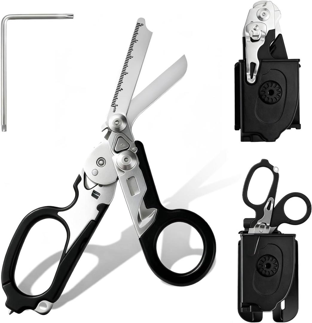 6 in 1 Trauma Shears, Multifunction Safety Tool with Seat Belt Cutter, Glass Breaker, Oxygen Tank Wrench, Ring Cutter and Ruler for Outdoor Camping, Hiking Emergency (Black)