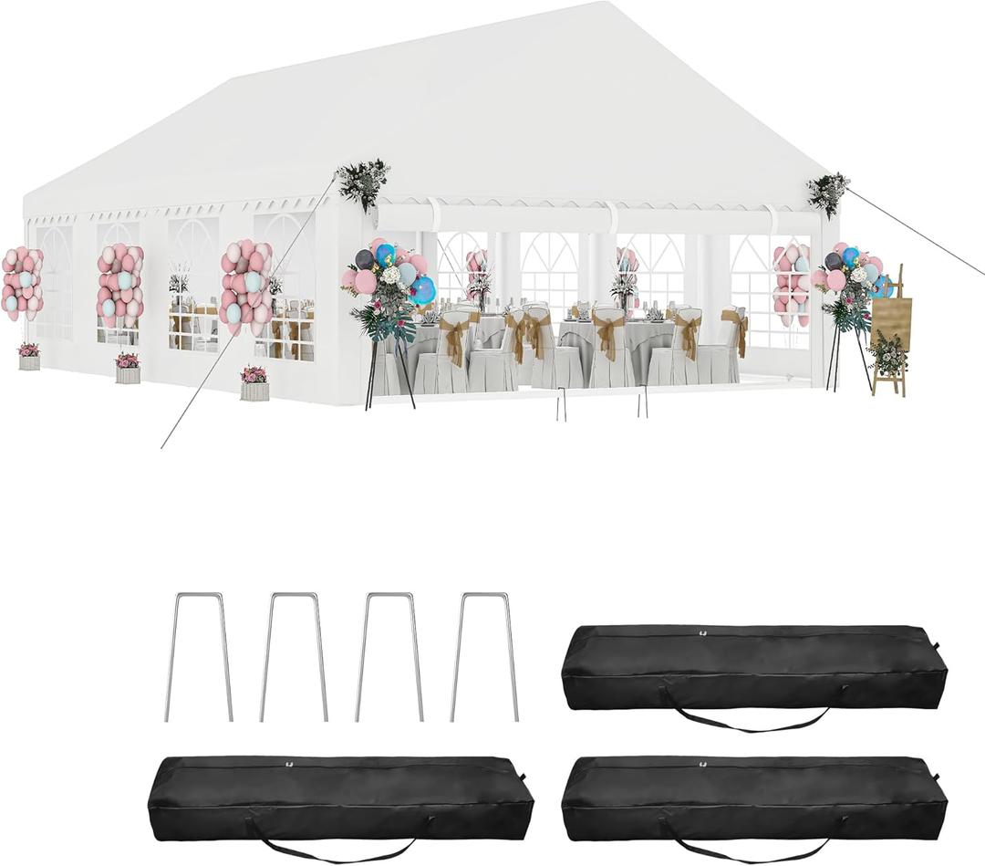DWVO 20x30FT Heavy Duty Party PVC White Tent Wedding Event Shelters Upgraded Galvanized Ripple Canopy with Large Roof Removable Sidewalls & 3 Storage Bags 600D Oxford Commercial