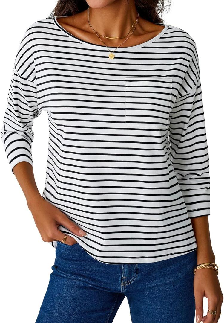 SOFIA'S CHOICE Women's Striped Shirt Loose Fit 3/4 Sleeve T Shirts Summer Casual Tee Top Black Medium (M)