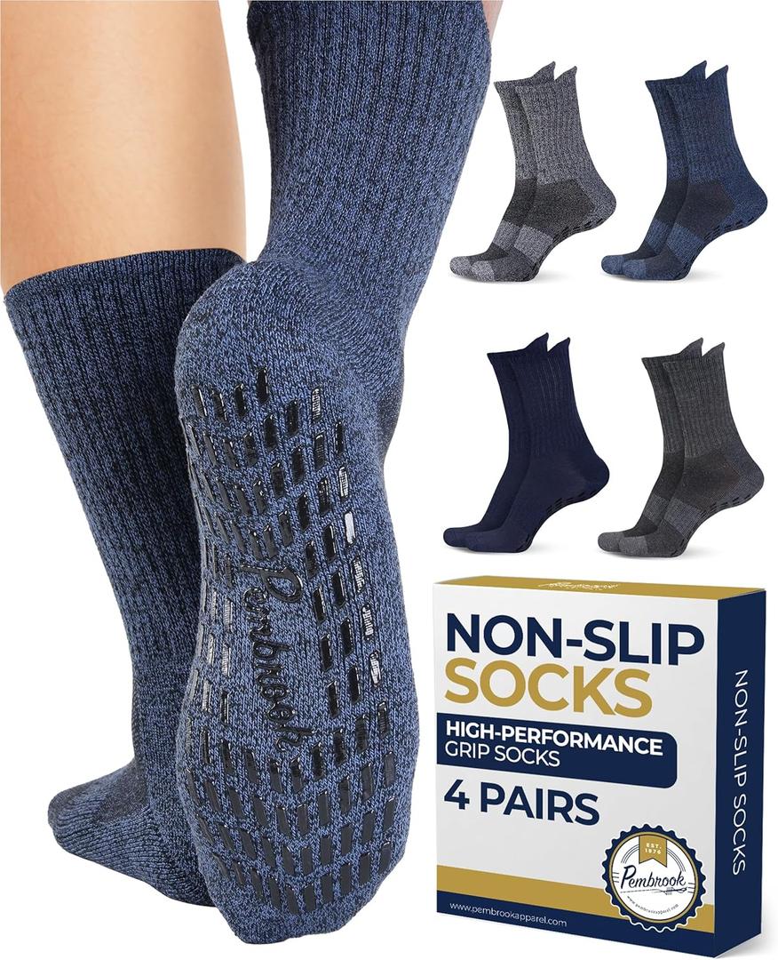 Pembrook Non Slip Crew Grip Socks Men & Women - 4 Pairs | Non Slip Socks for Elderly, Hospital, Pilates, Yoga, Barre, Home, XL