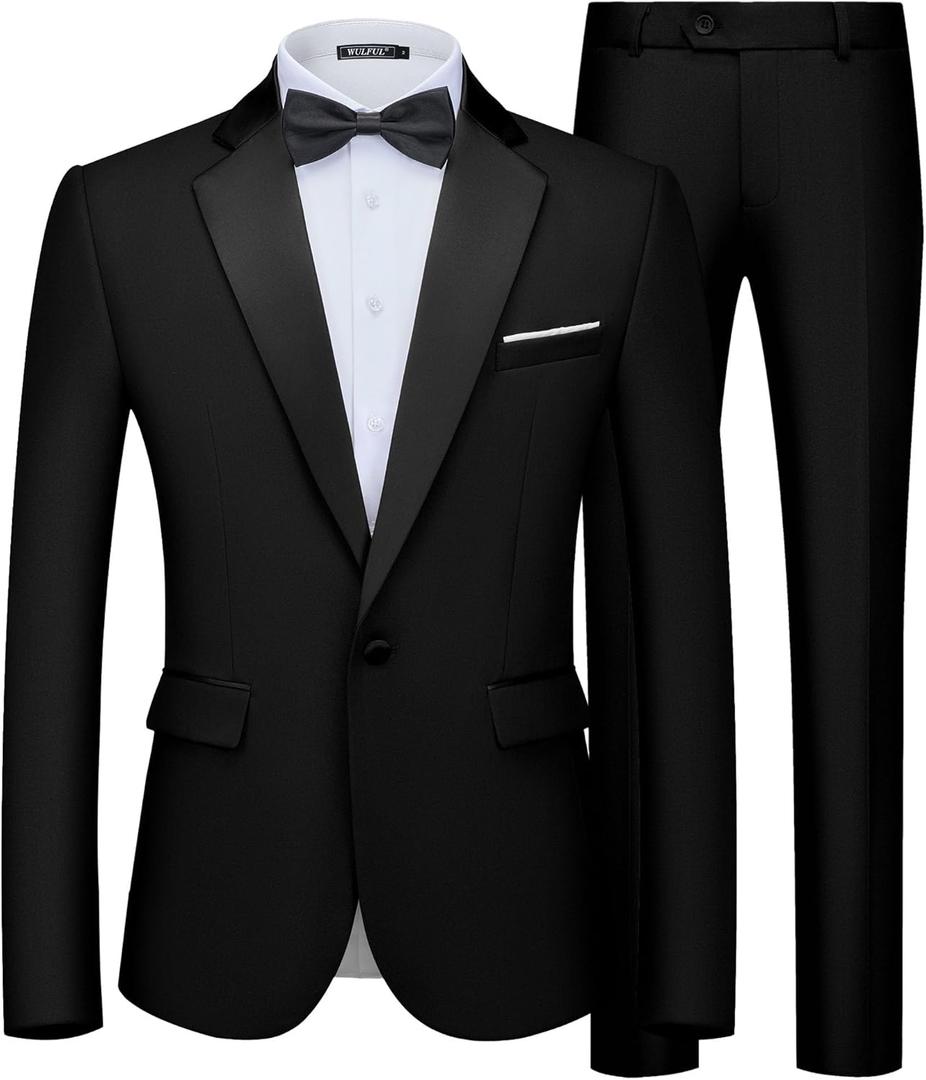 WULFUL Men's 2 Piece Slim Fit Suit Set One Button Blazer Jacket Pants Tuxedo Set for Prom, Wedding and Business (Black, XS)