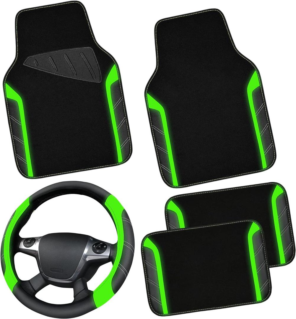 CAR PASS Leather Steering Wheel Cover and Waterproof Car Floor Mats,Microfiber Universal Car Combo Fit for 95% Sedan,SUV,Cars,14.5-15inch Sporty Anti-Slip Comfortable Design(BlackFluorescence Green)