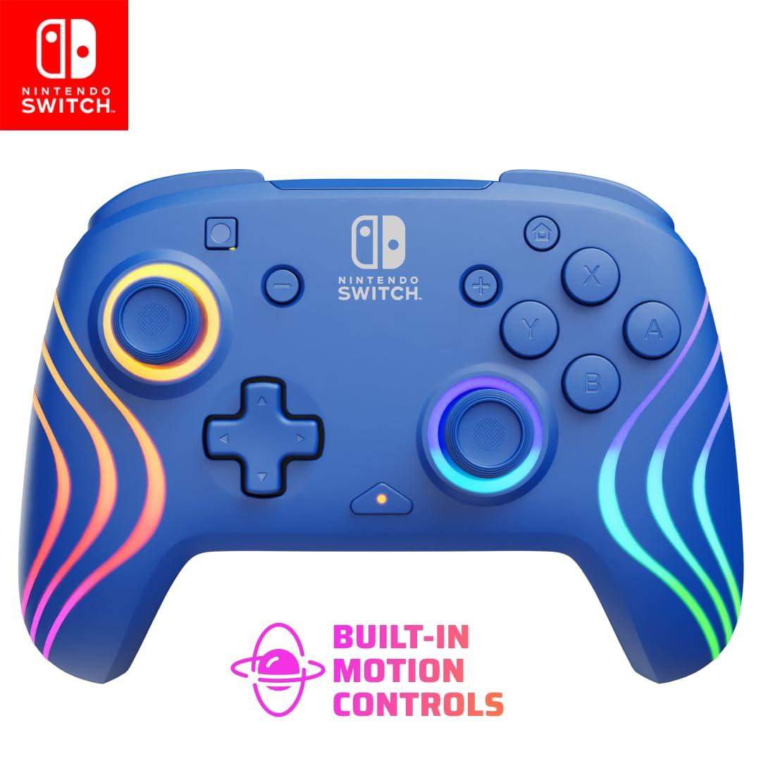 PDP Gaming Afterglow Wave Wireless Nintendo Switch Pro Controller - Officially Licensed, Nintendo Switch 2, Switch Lite/OLED, RGB LED Customization, App Controls, Rechargeable Battery Power - Blue