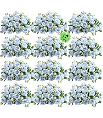 ASTRYAS 12Pcs Blue Artificial Flowers, Fake Peonies Silk Peony Faux Flowers for Decoration DIY Bridal Bouquet Centerpiece Table Wedding Party Home Decor Floral Arrangement(Blue)