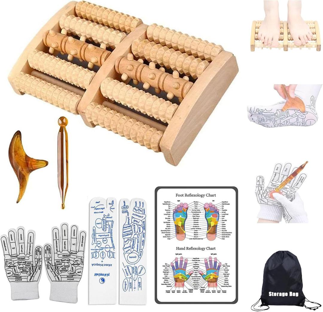 Wooden Foot Massager Roller with Reflexology Socks and Gloves Tools Set for Circulation, Pain Relief in Wide Feet, Health Promotion, Gift for Mom, Dad, or Elderly