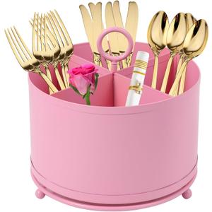 360Rotating Metal Utensil Caddy 4 Compartment Silverware Cutlery Holder Fork Spoon Napkin Organizer Flatware holder with Handle For Picnic Camping Party - Pink