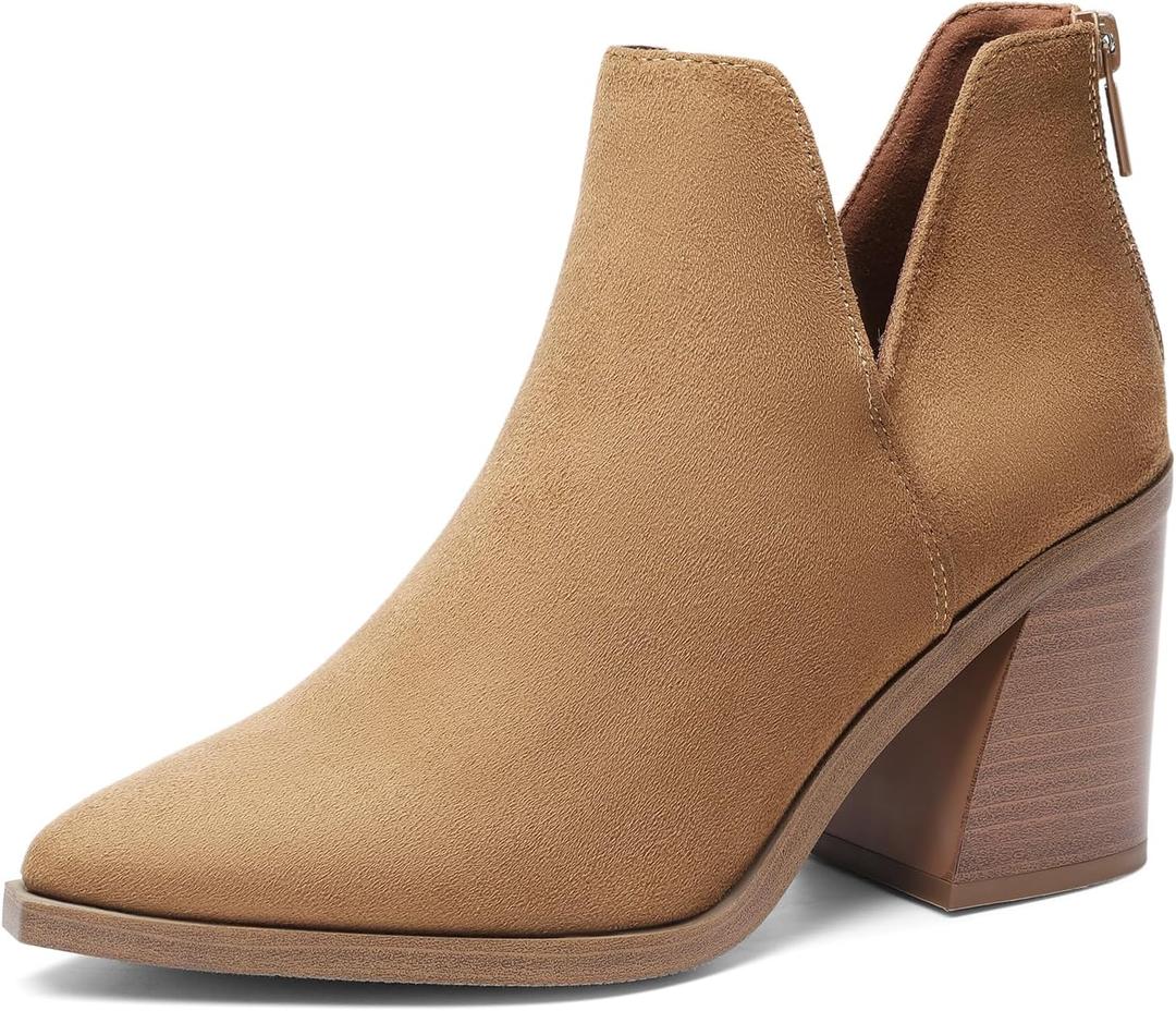 DREAM PAIRS Women's Ankle Boots Chunky Heel Pointed Toe Short Booties Shoes (9.5, Light Brown-suede)