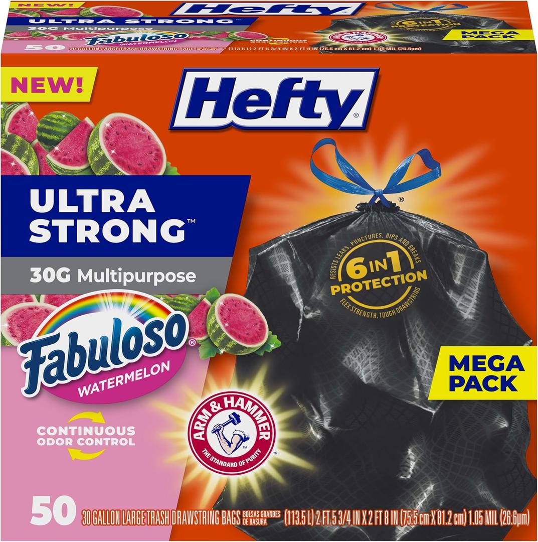 Hefty Ultra Strong 30 Gallon Trash Bags, Large Trash Bags, Multipurpose, Break Resistant Drawstring Closure, Resists Leaks, Punctures, and Tears, Black, Fabuloso Watermelon Scent, 50 Bags (50 Count (Pack of 1))
