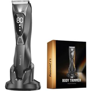 Body Hair & Pubic Hair Trimmer for Men - Electric Ball Shaver with LED Light & Display, Waterproof Wet/Dry Groomer Kit with Wireless Charging & 3 Combs, Ceramic Blade Technology