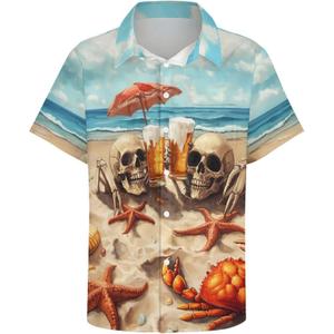Mens Beer Skull Print Button Down Shirt Fun Hawaiian Shirts Casual Beach Shirt Short Sleeve (Blue, XXL)