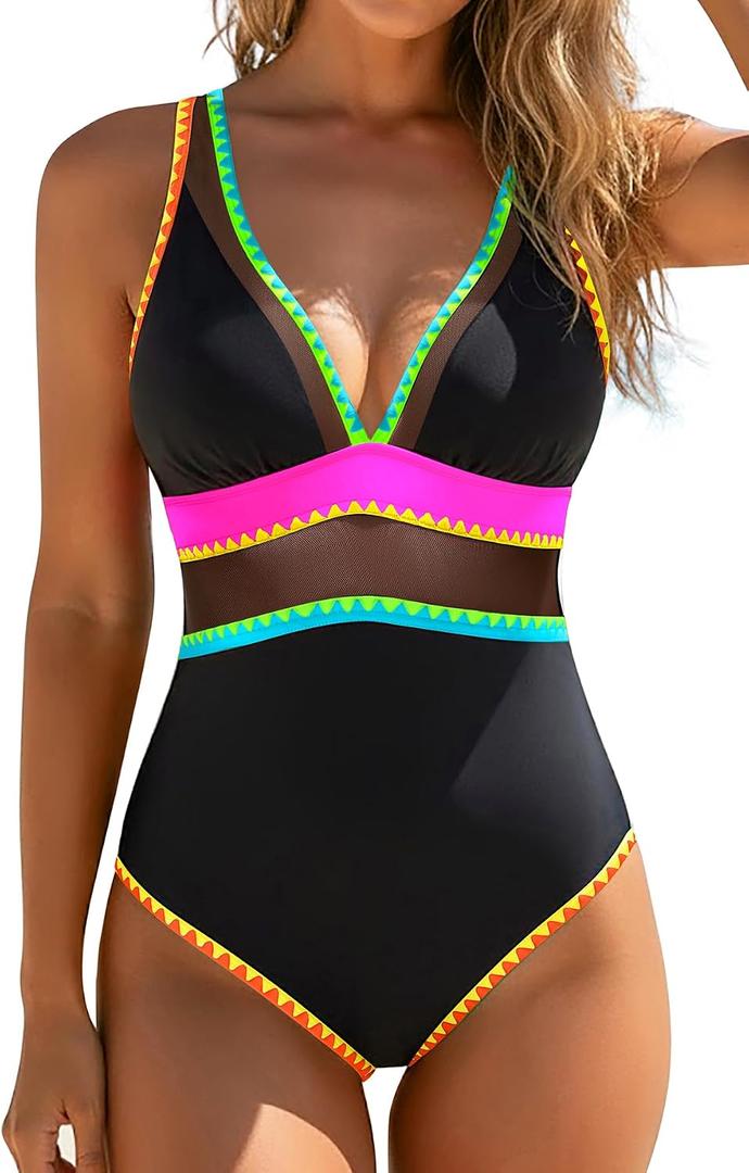 Daci Colorful Black Block Women's One Piece Swimsuits Tummy Control - Neon Color Block Swimwear Sexy Mesh V Neck Athletic Bathing Suit 2026 L (L)