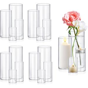 16-Pack Clear Glass Cylinder Vases, 4 Sizes (4/6/8/10 Inch) - Hurricane Floating Candle Holders & Flower Vases for Wedding, Table Centerpiece, Home Décor