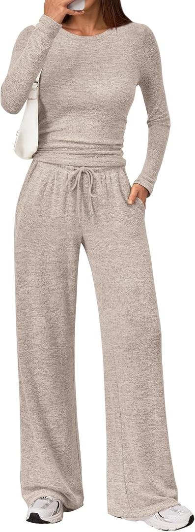 LILLUSORY Womens 2 Piece Matching Lounge Sets 2025 Fall Fashion Knit Sweater Airport Travel Vacation Outfits Gym Sweatsuits (Large, Khaki)