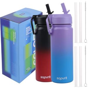 Water Bottle, 16 oz Water Bottles with Straw and Stickers, Stainless Steel Vacuum Double Wall Insulated cup,Water Bottle for School, Gifts for Girls (16OZ BLACK RED+16OZ PURPLR BLUE)
