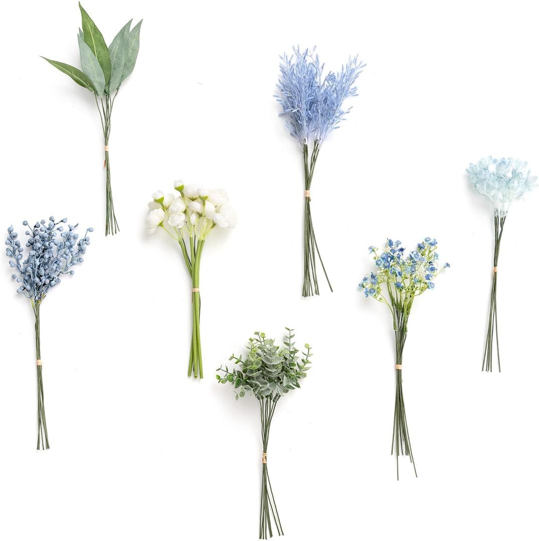 Ling's moment Artificial Greenery Stems Box Set, 55pcs with 8 Kinds of Faux Greenery Picks for DIY Bridal Bouquets Wedding Floral Arrangement Table Centerpieces, Navy & Cream