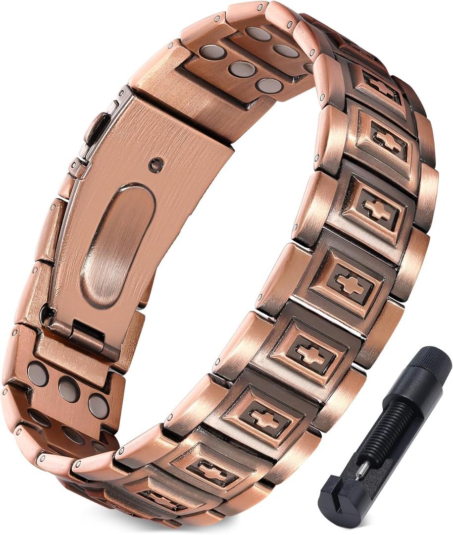 Jecanori Pure Copper Bracelet for Men Pain Relief, 3X Strength Magnetic Bracelets with 3800 Gauss Healing Magnets, Adjustable Mens Copper Jewelry with Premium Fold-Over Clasp