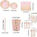 200 Pink Party Supplies - Disposable Dinnerware Set Serves 25, Gold Dots on Pink Paper Plates, Cups & Napkins, Wooden Knives, Spoons & Forks for Baby Shower, Wedding or Bridal Shower (w045)