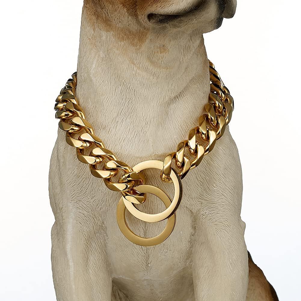 Gold Chain Dog Collar 11/15/19mm Wide Stainless Steel Cuban Link Slip Choker Chew Proof Collar Training Walking for Small, Medium and Large Dogs 12in-26in (15mm,12'') (12inch (Fits dogs neck 8in-10in))