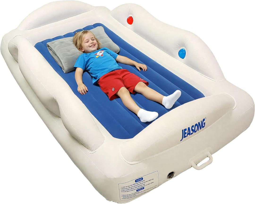 JEASONG Portable Inflatable Toddler Kid Bed with 4 Safety Sides - Air Mattress Electric Pump for Camping, Sleepovers and Home and Travel Use, Compact Crib Sleep Solution - Blue