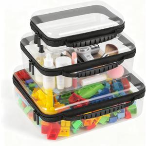 Bottom-Deepened-3 Pack Clear Hard Shell Zipper Case L+M+S,Portable Zipper Bags Waterproof Cosmetics Bags,Organizer Pouch For Snacks,Toy,Diapers,Travel,Black