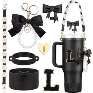 7Pcs Black Stanley Cup Accessories for 40Oz 30Oz 20Oz, Women Teen Girls Gifts, Stanley Tumbler Cup Decoration with Straw Topper, Bow Charm, Silicone Boot, Handle Strap, Letter Sticker Large