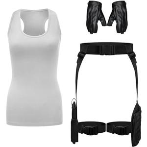 Kathfly 3 Pcs Halloween Thigh Holsters Costume for Women Leg Thigh Gun Holster Drop Adjustable Universal Pistol Holster Holder with Magazine Pouch Racerback Crop Tank Top Leather Gloves 3XL