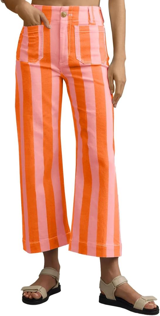 Tankaneo Womens Cropped Striped Jeans Casual High Waisted Stretchy Polka Dots Straight Leg Denim Pants with Pockets