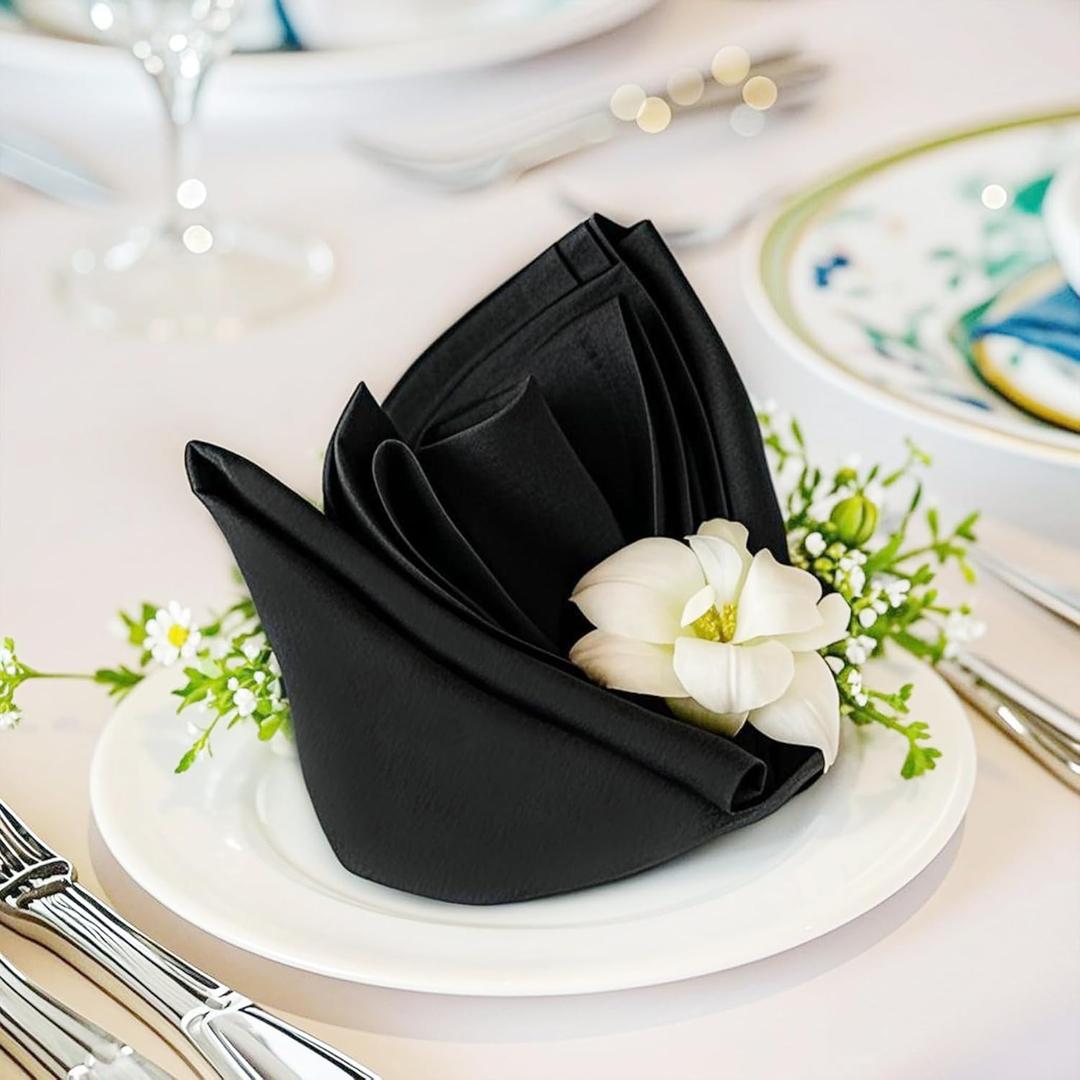 FOLINS&HOME Black Heavy Duty Cloth Napkins Set of 4 - Decorative 17x17 Inch Polyester Napkins with Hemmed Edges, 210GSM, Washable & Reusable for Dinner, Wedding, Party, Banquet & Everyday Use