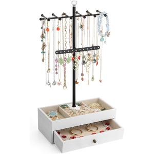 Meangood Jewelry Organizer Stand, 3-Tier Necklace Holder Jewelry Tree with Wooden Storage Drawer Box for Necklace Bracelet Earring Ring,White