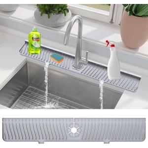 Longer Sink Splash Guard Mat 30 inch, Silicone Faucet Handle Drip Catcher Tray, Longer Silicone Sink Mat for KitchenBathroom, Drip Protector Splash Countertop (Grey)