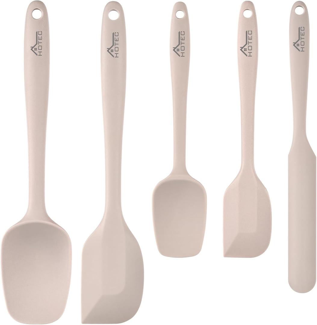 HOTEC High Heat Resistant Food Grade Silicone Rubber Spatula Set BPA Free for Baking, Cooking, and Mixing Non Stick Dishwasher Safe Set of 5, Khaki