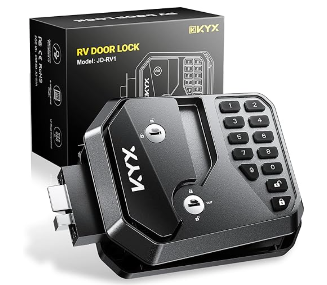 KYX RV Door Lock Replacement, Rv Keyless Entry Door Lock with Password and Remote Control Thumbprint,Upgraded All Metal Camper RV Door Latch for Various Types of RVs |Replacement 2.75'x3.75'|4