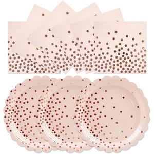 50pcs Pink and Rose Gold Plates and Napkins Party Supplies, 7 Inch Scalloped Pink Paper Dessert Plates Set Disposable Tableware for Birthday Wedding Engagement Bridal Shower Baby Shower Decorations