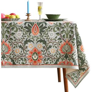 ISAENNE Designer Bohemian Linen Green Small Square Tablecloth,Floral Indoor Table Cloth,Stain Resistant Home Decor Tablecloths for Dining Thanksgiving Kitchen Party Christmas,67"*67"-Naples