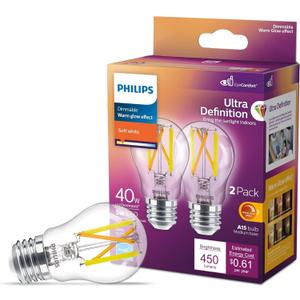 Philips LED 40W A15 2-Pack Ultra Definition Soft White (2700K) 450 Lumen (5W = 40W) Dimmable Clear Flicker-Free Light Bulbs