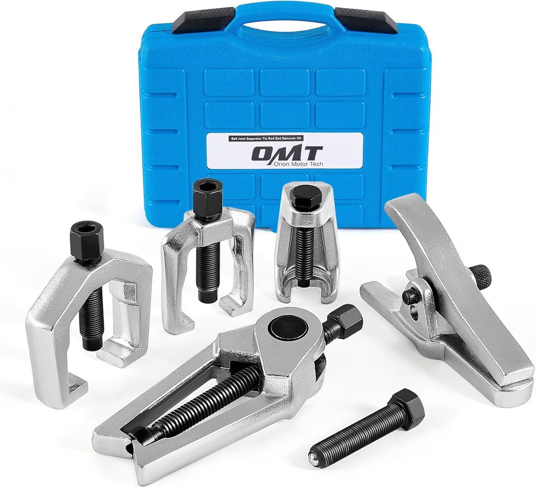 Orion Motor Tech 5pc Ball Joint Separator, Pitman Arm Puller, Tie Rod End Tool Set for Front End Service, Splitter Removal Kit (BL06) (Blue Case Silver Puller)