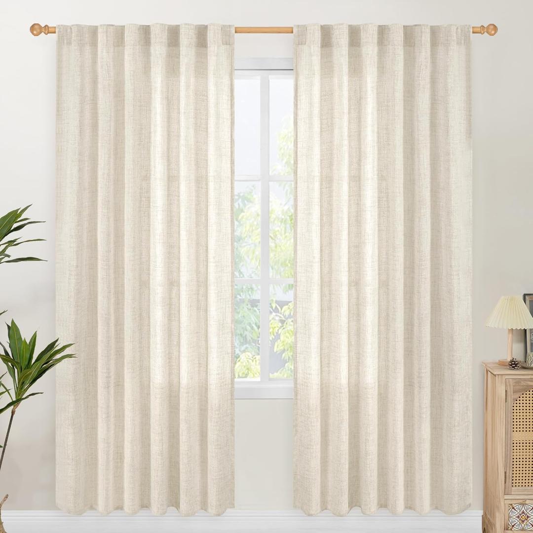 YoungsTex 78 Inch Length Linen Semi Sheer Curtains for Living Room, Boho Light Filtering Window Drapes Textured with Rod Pocket Back Tab for Dining Bedroom, 2 Panels, 52 X 78 Inch