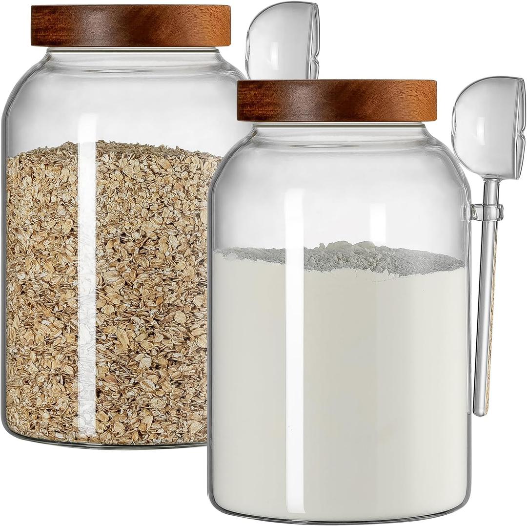 Wissy&Konny 1 Gallon Glass Jar with Lid 2Pack, Borosilicate Large Glass Flour Sugar Storage Containers for Tea,Cereal, Egg and More,Leak-proof Screw Lid (Extra Long Spoons,Label,Pen)