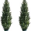 4 Feet Outdoor Artificial Topiary Cedar Tree, Set of 2 UV Resistant Potted Faux Cedar Trees for Outdoors and Indoors, Decorative Fake Shrubs Topiary Trees for Home Living Room Front Door Decor (Green)