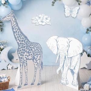 4PCS Blue Safari Baby Shower Decorations, Jungle Animal Cardboard Standee Set, Toile de Jouy Style Decor