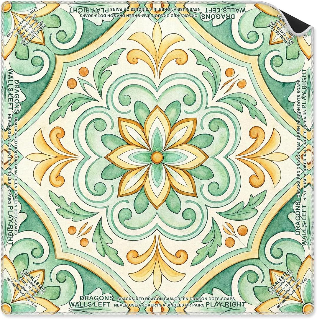 Green and Yellow Floral Mahjong Mat 31.5 x 31.5 in, Mediterranean Italian Flower Mahjong Mat for Table, Non-Slip Noise Reduction Game Table Cover for Card Poker Dominoes Dice and Board Games
