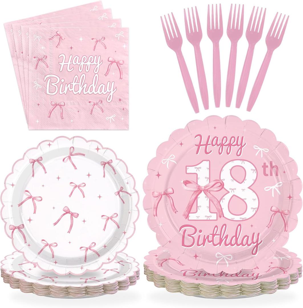 96Pcs Pink Bow Party Supplies Coquette 18th Birthday Party Plates and Napkins Disposable Bow Themed Tableware Set for Girl Happy 18th Birthday Graduation 2026 Decorations, Serves 24