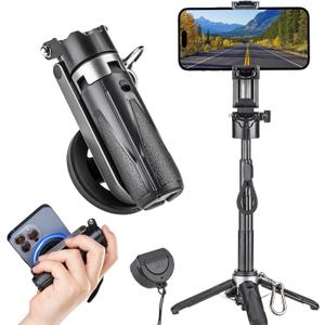 MQOUNY for Magsafe Tripod Stand for iPhone, Portable Pocket Size Selfie Stick with Rechargeable Remote and Metal Ring, Extendable Detachable Cell Phone Tripod Compatible with iPhone/Android (Black)