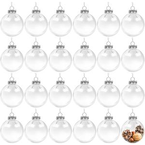 24 Pcs Clear Christmas Plastic Ornament Ball, Christmas Clear Baubles with Rope and Removable Metal Cap, Transparent Fillable Sphere Light Bulb for Christmas Tree Decor,2.4 inch