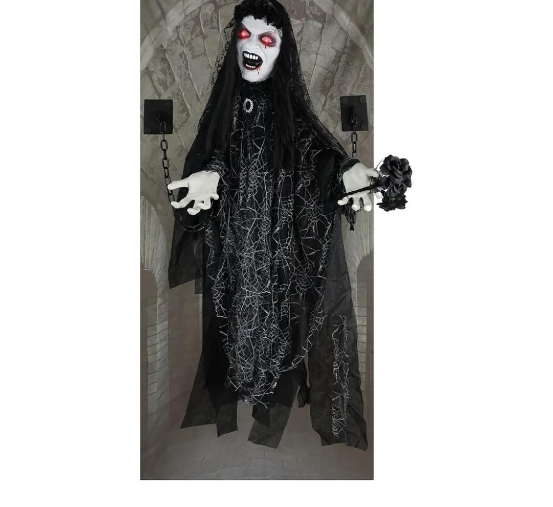 Haunted Hill Farm 4.3-Ft Animatronic Scary Demon Widow Door Greeter with Touch Activated Lights and Sound, Battery-Operated Indoor or Covered Outdoor Halloween Decoration