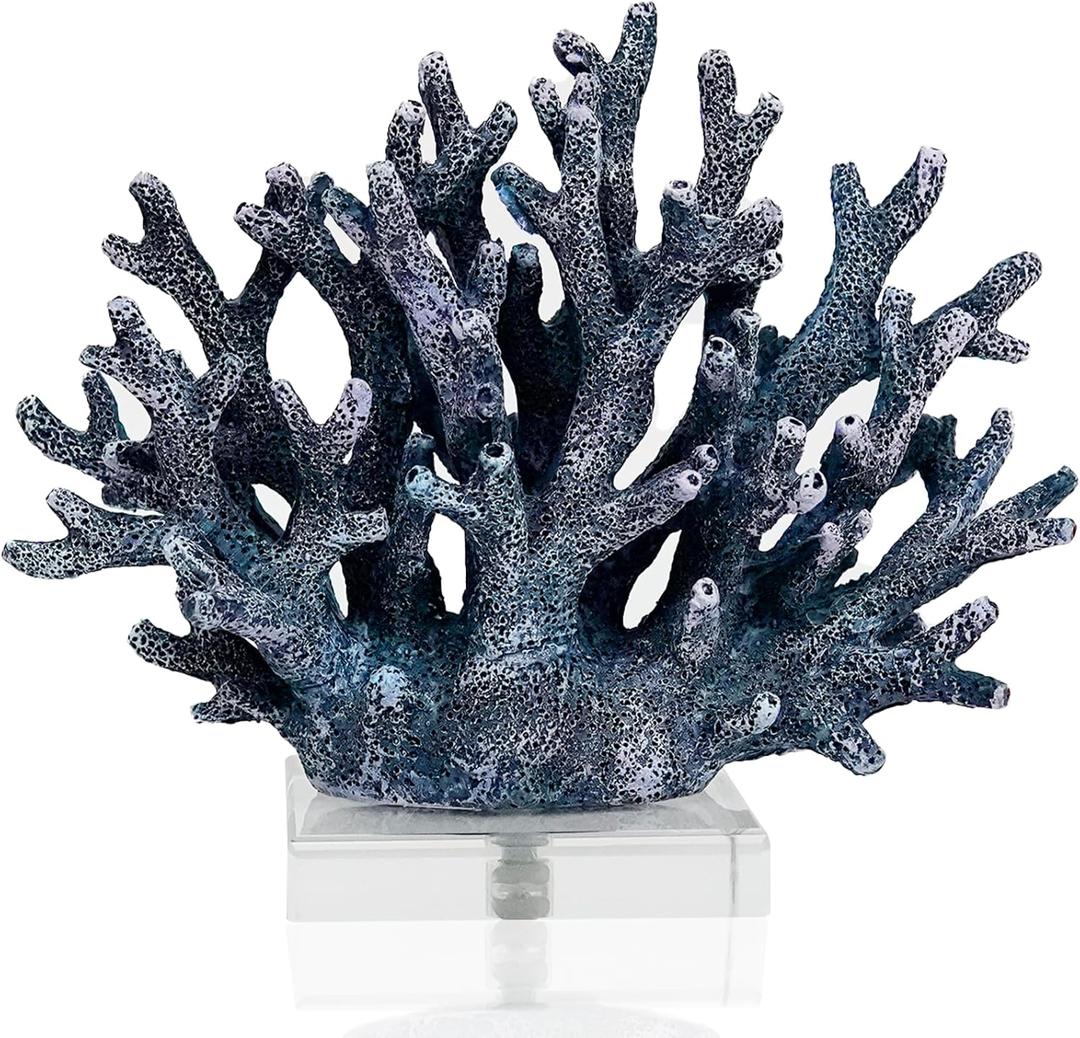 Coral Reef Beach Decor,6.3'' High x 7.5'' Width Artificial Resin Coral Reef Statue for Ocean Coastal Beach Nautical Themed Room Bathroom Decor for Home,RB1001B,Blue