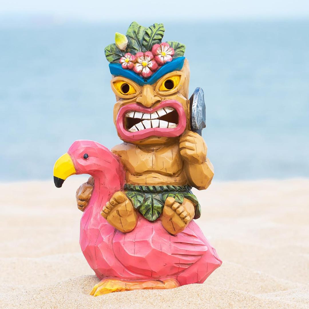 Solar Tiki Statue,Outdoor Statues - Statue-Tiki Bar Decor-Tiki Decorations Outdoor Patio Decor for Bar, Patio, Balcony, Yard,Lawn Ornament,Riding a Flamingos 10inch Tall