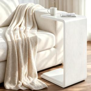 Solid Wood C Shaped Sofa Side Table, Small End Table for Couch, Modern Simple Narrow Table for Small Spaces, Mini Coffee Table for Living Room, Bedroom, Bedside (Whitewash)