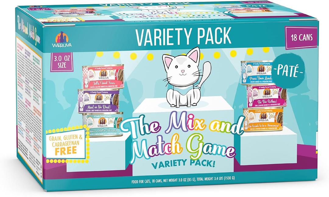 Weruva Wet Cat Food, The Mix and Match Game Pate Variety Pack, 3oz Can, Pack of 18 (EXP 10/22/28)
